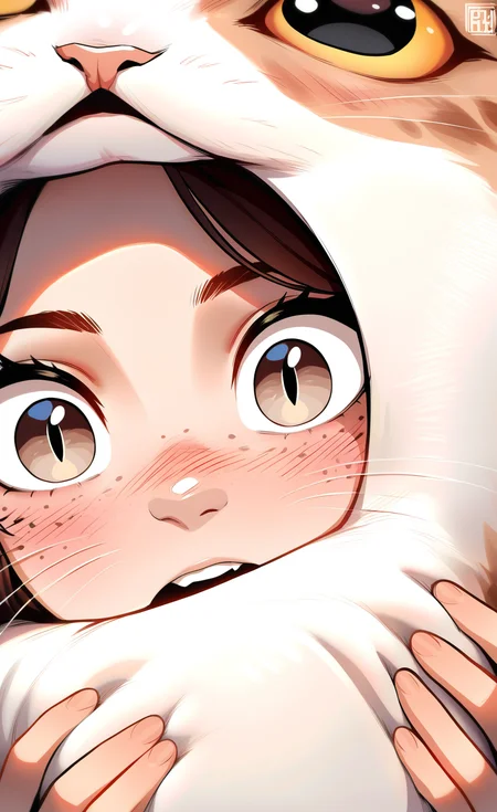 masterpiece, best quality, good quality, very aesthetic, absurdres, newest,  1girl, solo, open_mouth, brown_hair, holding, brown_eyes, teeth, grey_eyes, nose_blush, watermark, animal, cat, portrait, slit_pupils, surprised, close-up, freckles, wide-eyed, covered_mouth, straight-on, holding_animal, whiskers, holding_cat, eye_focus, animal_hug, looking_at_viewer <lora:ponyv5_noobE11_1_adamW-000013:0.8> <lora:style_nyanmix_styleXLIllustrious001:0.3> <lora:MeMaXL4:0.7>