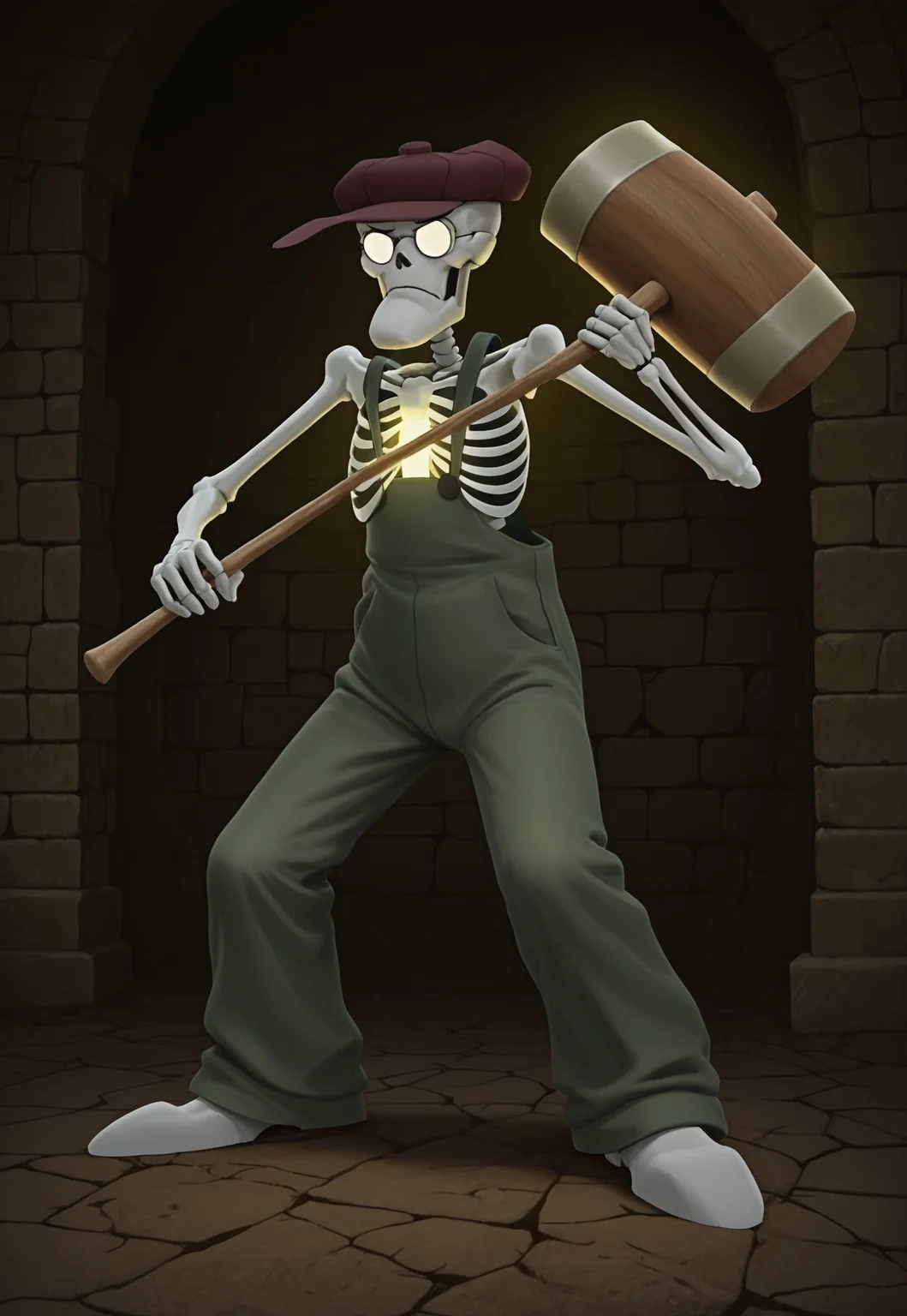 Masterpiece, newest, best quality, absurdres, 8k, highly detailed, semi-realistic, solo, (skeleton:1.4), milky white bones, Eustace, Bagge, Green overalls, pointy chin, hat, glasses, grumpy expression, no humans, in a crypt setting, dark crypt, holding a big magical glowing mallet with both hands, detailed background, dynamic poses, A3THER