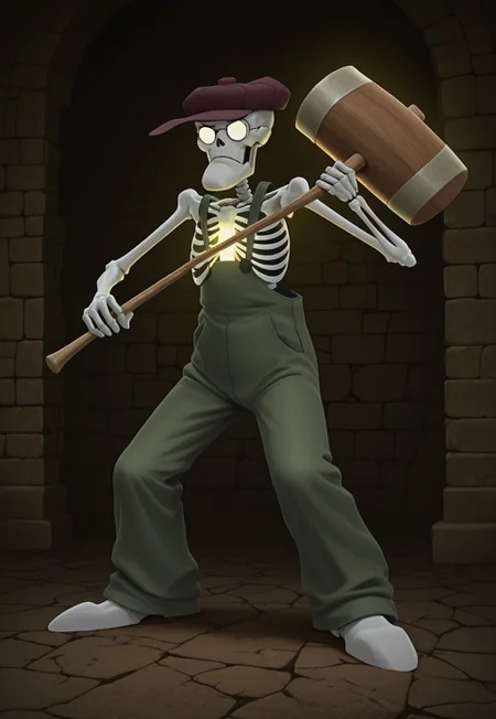 Masterpiece, newest, best quality, absurdres, 8k, highly detailed, semi-realistic, solo, (skeleton:1.4), milky white bones, Eustace, Bagge, Green overalls, pointy chin, hat, glasses, grumpy expression, no humans, in a crypt setting, dark crypt, holding a big magical glowing mallet with both hands, detailed background, dynamic poses, A3THER