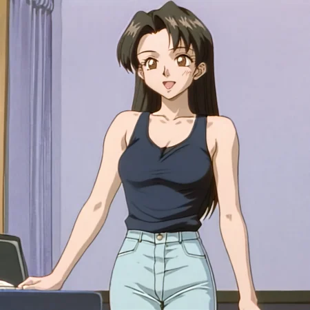 <lora:SakuraOVA_pony_v1:1>SakuraMisc, 1girl, tank top, pants, brown eyes, collarbone, black long hair, 1990s (style), retro artstyle, bare shoulders, cowboy shot