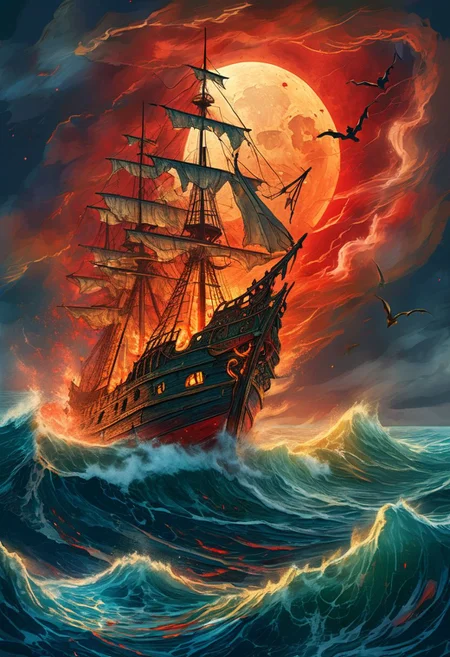 (a drawing of a ghost ship in a stylized design, torn sails, skull figurehead), (Ocean, crashing waves, night sky, storm:1.3, lightning:1.3, Red moon:1.2), (extremely detailed, high detail, hires textures, incredibly detailed, intricate details, masterpiece, colorful comic, murals)