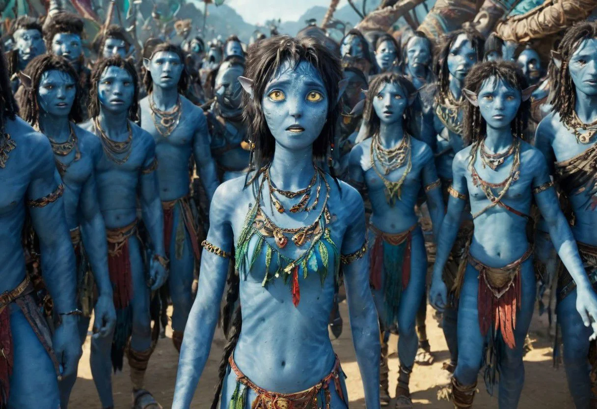 Kiri walking towards the crowd of blue-skin tribeswomen, full body, (very detailed face), [[big eyes wide open]], (wide heavy necklace), thick necklace of (((many))) pieces, symmetrical eyes, symmetrical round pupils, SK_CINEMATIC