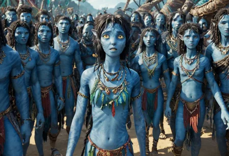 Kiri walking towards the crowd of blue-skin tribeswomen, full body, (very detailed face), [[big eyes wide open]], (wide heavy necklace), thick necklace of (((many))) pieces, symmetrical eyes, symmetrical round pupils, SK_CINEMATIC