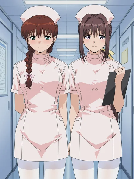 <lora:yakin-kaidan-illustrious-000004:0.9> 2girls, side-by-side, cowboy shot, hallway, hospital, masterpiece, best quality
2girls, annoyed, miyanoshita, braided ponytail, nurse, nurse cap, white pantyhose
2girls, smile, holding clipboard, nan4s3, hair bun, hair ribbon, yellow ribbon, ponytail, very long ponytail, nurse, nurse cap, white pantyhose