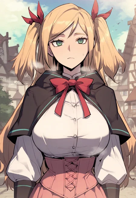 score_9, score_8_up, score_7_up, score_6_up, source_anime, rating_explicit, 1girl, solo, huge breasts, <lora:Euphemina2 prefectPonyxl:1> blonde hair, long hair, two side up, hair ribbon, red ribbon, green eyes, blue eyes, black capelet, white shirt, red bowtie, long sleeves, pink corset, pink skirt, expressionless, Narrow shoulders, heavy breathing, steaming body, village, outdoors, looking at viewer
