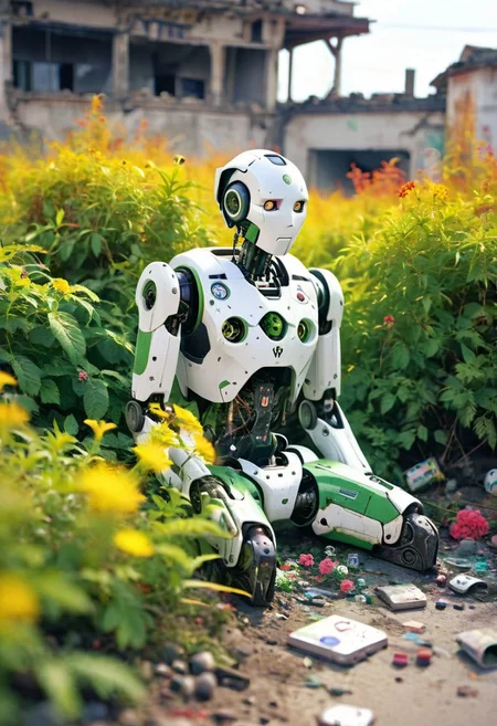 In the foreground: A broken humanoid robot sits hunched over on the ground, the paint on its body has faded, and some elements have cracked. A bushes with small green leaves and many small bright flowers grows through the robot. Robot cover green plants.
Focus on the robot in close-up. In the background: the ruins of a small town street, broken asphalt, and things thrown away in a panic. The background is easy blurred. Shining day, warm colors.
