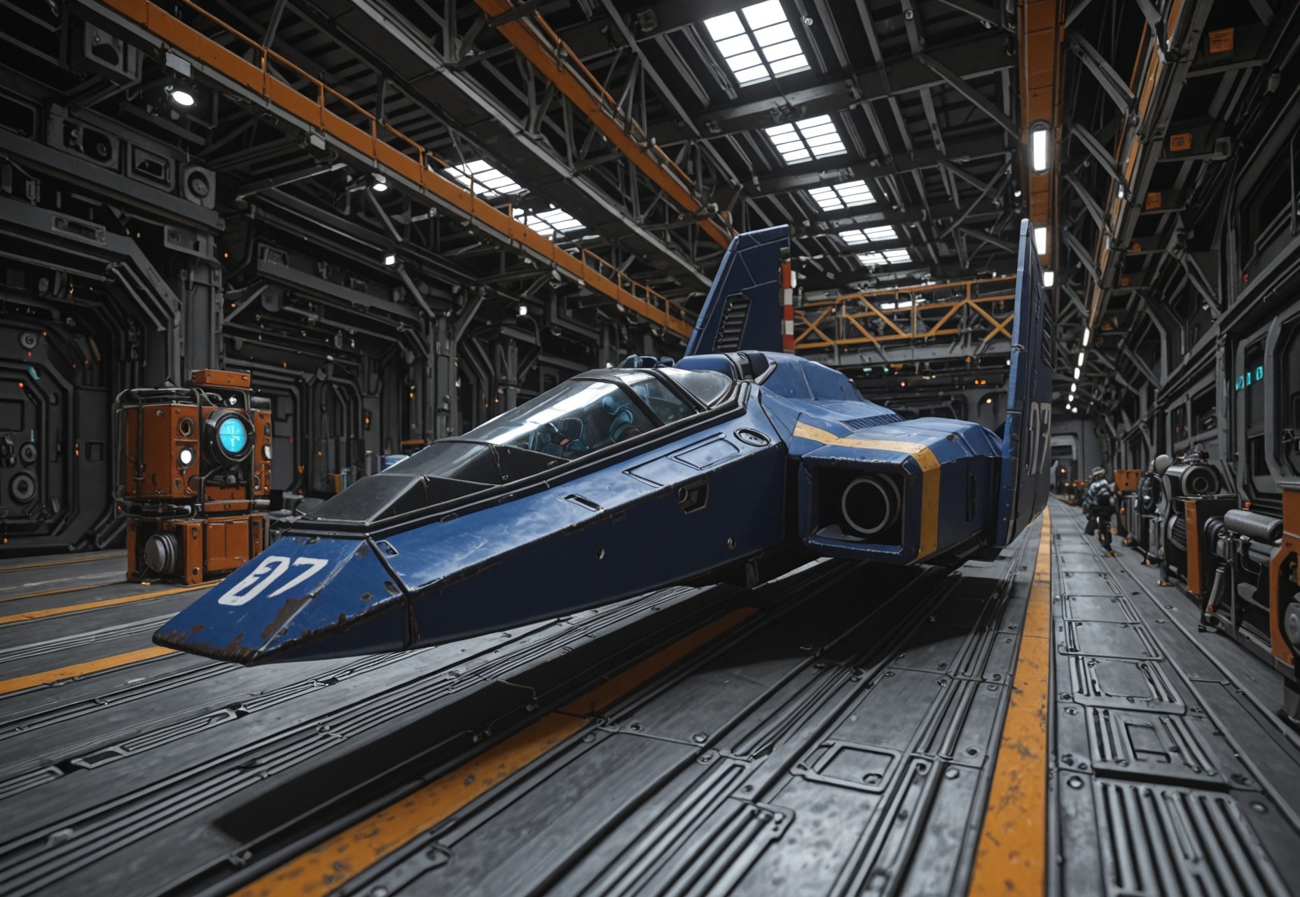 score_9, score_8_up, score_7_up, score_6_up, masterpiece, best quality, absurdres, blue_falcon, solo, science fiction, hangar, high detail, intricate, machinery