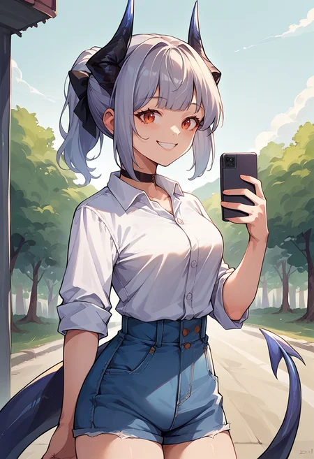 score_9, score_8_up, source_anime, 1girl, solo, Liskarm, horns, tail, short ponytail, white shirt, dress shirt, black choker, holding cellphone, denim shorts, high-waist shorts, outdoors, smile, <lora:ChamLiskarmPonyXL:1>