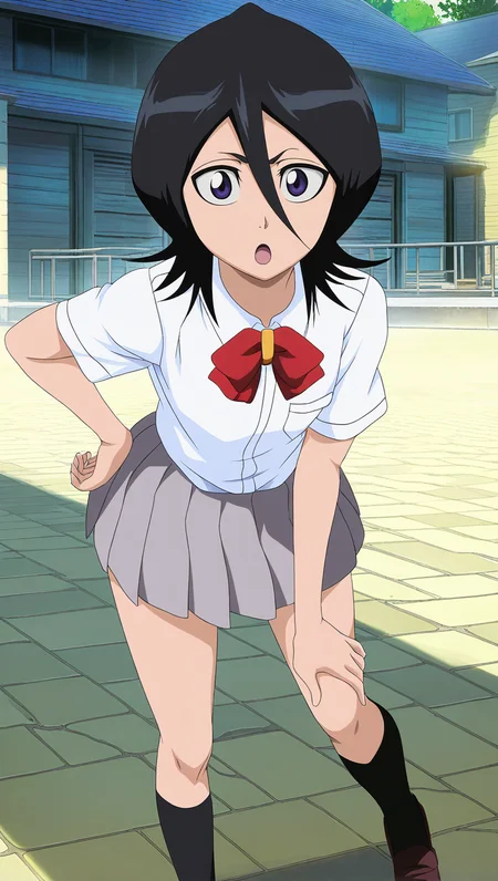 source_anime, masterpiece, best quality, amazing quality, anime screencap, high quality, 8k, absurdres, official style, 1girl, solo, looking at viewer, school courtyard, :o, standing, hand on hip, <lora:Rukia_Kuchiki_Pre_iL:0.9>, ruk14 pre, purple eyes, black hair, short hair, hair between eyes, white school outfit, dress shirt, white shirt, red bowtie, skirt, pleated skirt, school uniform, socks, kneehighs, loafers,