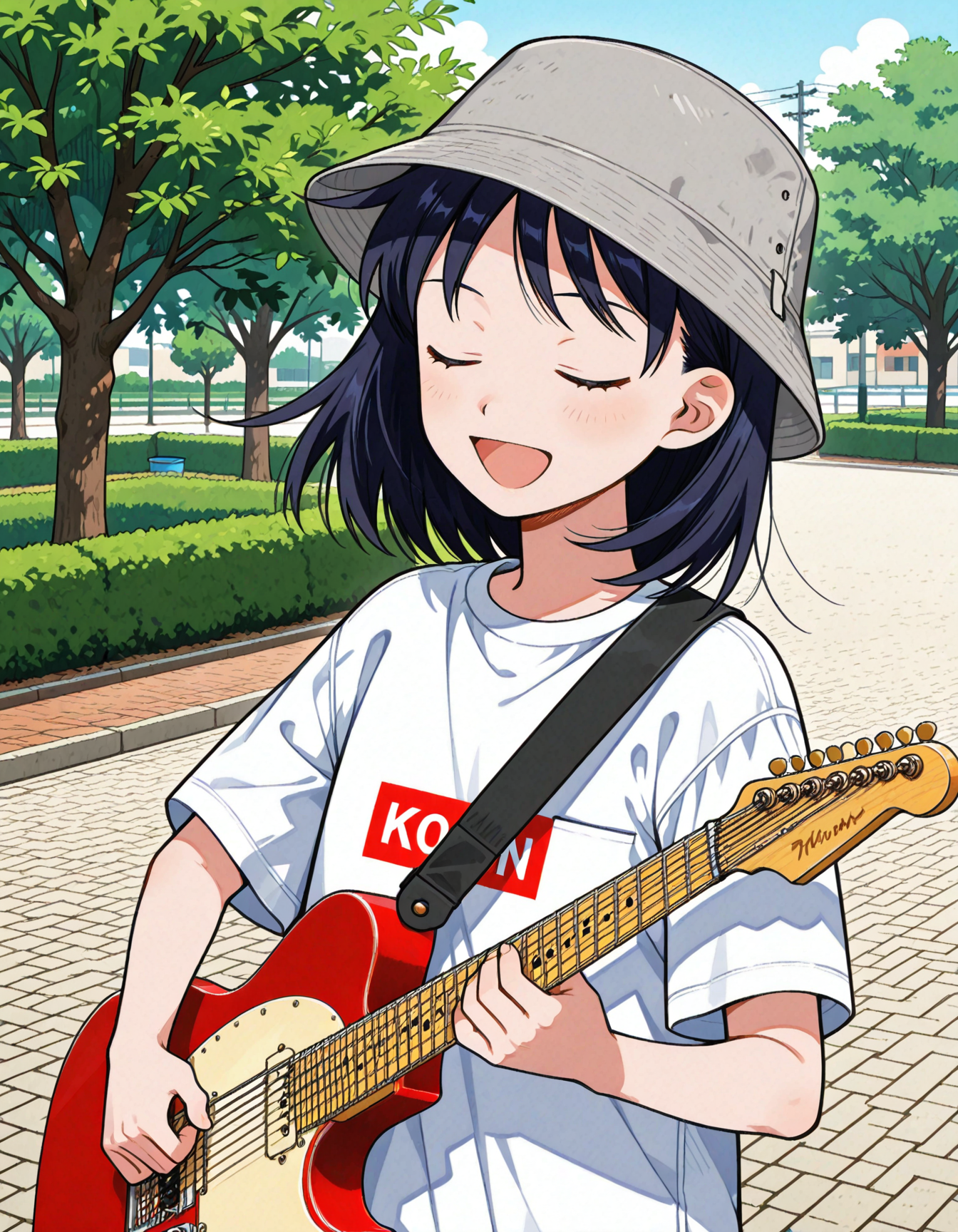1girl,<lora:kon_hatocchi:1> kon_hatocchi,open mouth,,standing,upper_body, closed eyes, playing guitar,open mouth,park,white t-shirt, simple t-shirt,grey simple bucket hat, 
<lora:dmd2_sdxl_4step_lora_fp16:1>