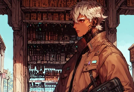 score_9, score_8_up, score_7_up, best quality, 1male, white eyebrows, white bonde hair, styled hair, short hair, white blonde hair, hair between eyes, red eyes, android, robot, robotic body parts, masuline, robotic neck, robotic arms, tan skin, black robotic parts, simple background, toned body,
,
,
dynamic pose, character design, calm look, calm,
,
,
cowboy shot, brown long jacket, close up, from side, outdoors, street view, market, day, carrying a bag, shopping,