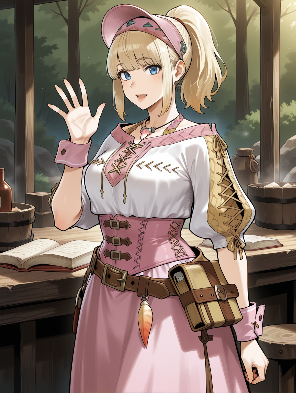 1girl,solo,counter,open hand,monster hunter \(series\),open book,open mouth,hand up,lips,ponytail,blonde hair,pink headdress,pink necklace,pink cross-laced clothes,pink corset,pink wrist cuffs,brown belt,pink long skirt,camp,looking at viewer,bar \(place\), outdoors, 
masterpiece,best quality,amazing quality,very aesthetic,absurdres,newest,<lora:Felicita & Clerk Suit Armor illuXL v1:0.75>,
