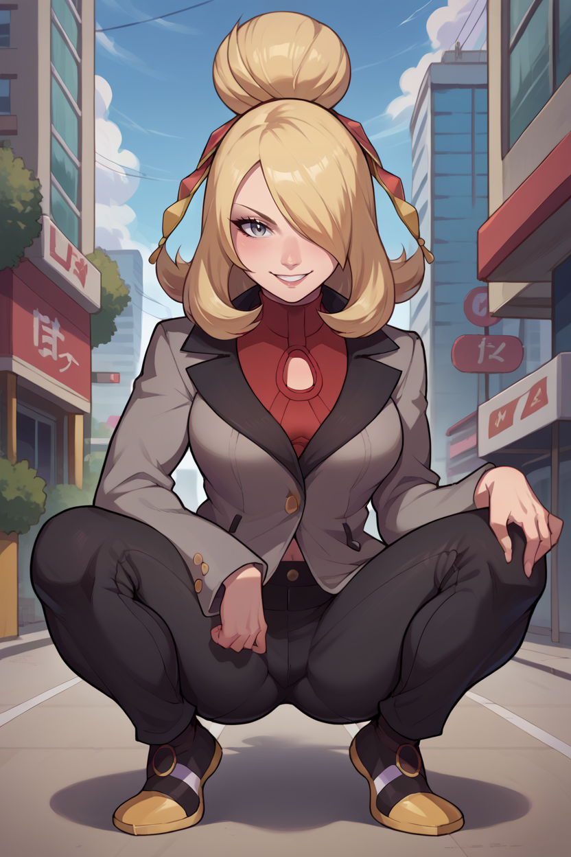 score_9, score_8_up, score_7_up, score_6_up, source_anime BREAK 1girl, solo  <lora:pkmncynthia-pdxl-nvwls-v1-000006:1> sygCyn, hair over one eye, hair bun, hairband, grey jacket, red sweater, clothing cutout, black pants, (big breasts:0.8), squatting, city, looking at you, smile