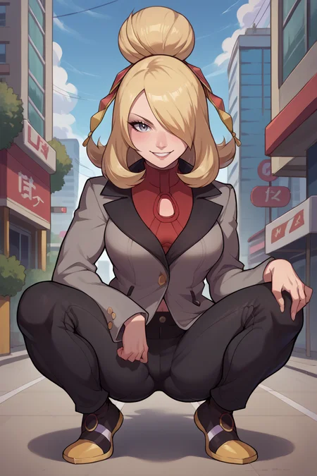 score_9, score_8_up, score_7_up, score_6_up, source_anime BREAK 1girl, solo <lora:pkmncynthia-pdxl-nvwls-v1-000006:1> sygCyn, hair over one eye, hair bun, hairband, grey jacket, red sweater, clothing cutout, black pants, (big breasts:0.8), squatting, city, looking at you, smile