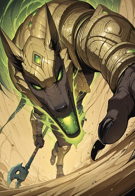 embedding:IllusP0s, codex sss chroma,
masterpiece, best quality, absurdres, cinematic shot, extreme close-up, macro shot, shallow depth of field, dramatic lighting,
extreme close-up on the colossal runic staff-axe, its massive head resting on a cracked stone surface. Every intricate detail is visible: the weathered, sand-pitted texture of the ancient metal, the razor-sharp edge glinting menacingly, the deep-etched Shuriman hieroglyphs that pulse with a soft, internal green light.
Wisps of ethereal soulfire gently curl and dissipate from the blade's edge, like a slumbering god's breath.
In the background, blurred and out of focus, the massive, armored gauntlet of Nasus firmly grips the staff, providing a sense of immense scale.
Tiny grains of sand trickle down the axe's metallic surface.
NASUSPDXL, AXE, GAUNTLETS,
dynamic pose, foreshortening, extreme perspective