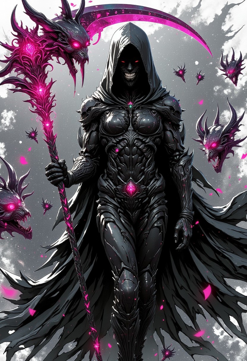 nistyle, monochrome Manga Sketch, extreme pointed hood Closeup, a dark ethereal ghosts black hood, Killing Gaze smile, eerie, eyes Shrouded in darkness, hyperdetailed manga sketch style, with bleached vibrant colorful neon color Highlights, grey, and white color grading. Wielding a Translucent vibrant sss scythe with Glitch effects in another contrast application