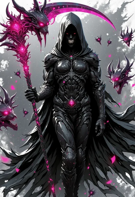 nistyle, monochrome Manga Sketch, extreme pointed hood Closeup, a dark ethereal ghosts black hood, Killing Gaze smile, eerie, eyes Shrouded in darkness, hyperdetailed manga sketch style, with bleached vibrant colorful neon color Highlights, grey, and white color grading. Wielding a Translucent vibrant sss scythe with Glitch effects in another contrast application