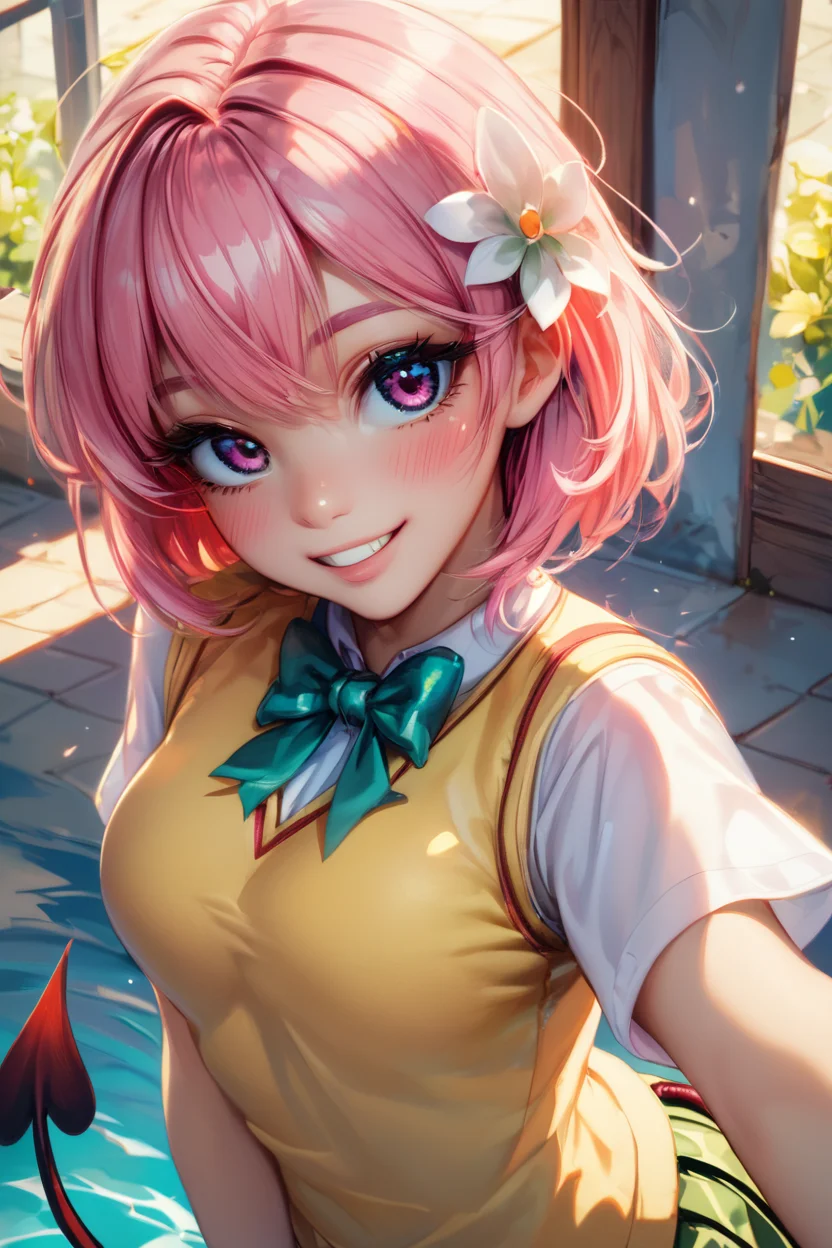 score_9, score_8_up, score_8, medium breasts, (curvy), cute, eyelashes, 1girl, solo, looking at viewer, <lora:tlrmomo-pdxl-nvwls-v1:0.9> tlrmomo, pink hair, hair flower, green bowtie, yellow sweater vest, white shirt, short sleeves, demon tail, standing, head tilt, curvy, smile, blush,