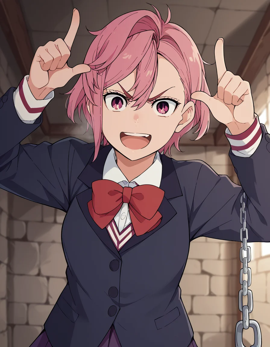 score_9, score_8_up, score_7_up, source_anime, <lora:aira-shiratori-alpha-ponyxl-lora-nochekaiser:1>, aira shiratori, short hair, bangs, hair between eyes, pink hair, pink eyes, medium breasts, shirt, long sleeves, bow, school uniform, jacket, white shirt, collared shirt, bowtie, red bow, black jacket, red bowtie, skirt, pleated skirt, purple skirt, miniskirt, dungeon, stone walls, chains, torches, dark, smile, <lora:horns-pose-ponyxl-lora-nochekaiser:1>, horns pose, index fingers raised, angry, steam, open mouth, shouting, anger vein,, looking at viewer, solo,, dutch angle, cowboy shot