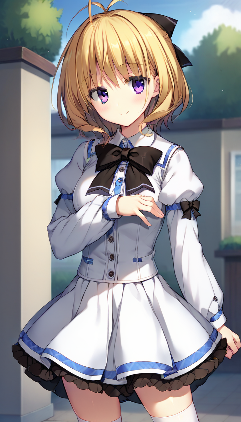 score_9,score_8_up,score_7_up,score_6_up BREAK official art,solo,outdoors,cowboy shot,looking at viewer,facing viewer,smile,blush,Aki Kanoko,antenna hair,short hair,blonde hair,hair bow,black bow,bangs,purple eyes,school uniform,black ribbon,white shirt,long sleeves,puffy detached sleeves,white skirt,frilled skirt,white socks,loafers,<lora:Aki Kanoko(pa)-Pony:1.4>,