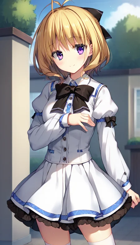 score_9,score_8_up,score_7_up,score_6_up BREAK official art,solo,outdoors,cowboy shot,looking at viewer,facing viewer,smile,blush,Aki Kanoko,antenna hair,short hair,blonde hair,hair bow,black bow,bangs,purple eyes,school uniform,black ribbon,white shirt,long sleeves,puffy detached sleeves,white skirt,frilled skirt,white socks,loafers,<lora:Aki Kanoko(pa)-Pony:1.4>,