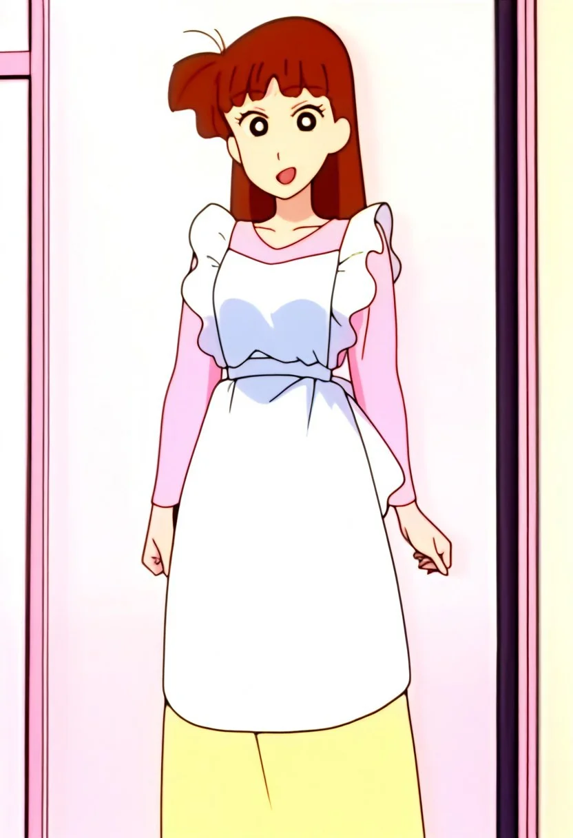 best quality, masterpiece, anime screencap, anime coloring, ultra detailed, source_anime, intricate details, perfect anatomy, sakurada moeko, long hair, brown hair, black eyes, bang, blunt bangs, 1girl, solo, long sleeves, shirt, pink shirt, yellow skirt, long skirt, legs, shiny smile, open mouth, looking at viewer, from behind, apron, white apron,