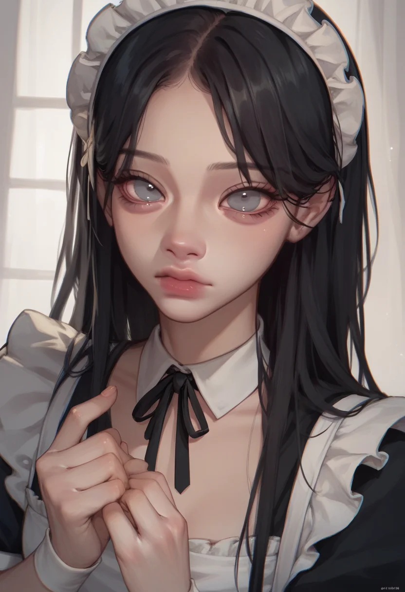 score_9, score_8_up, score_7_up, score_6_up, <lora:jelly_v0.5-pony:1>
1girl, long hair, black hair, grey eyes,
looking at viewer, maid, portrait,