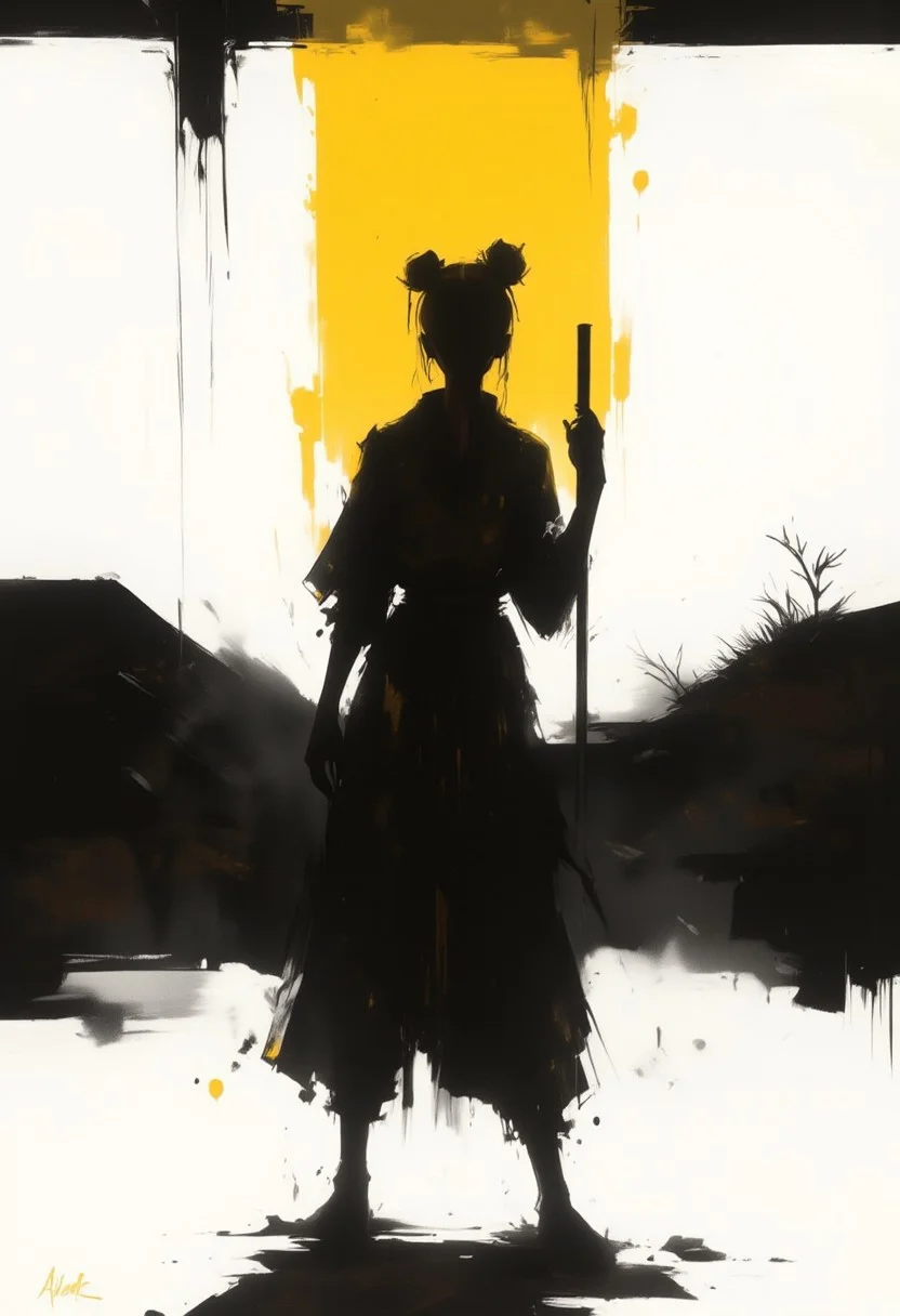 aidmaimageupgrader, monki, hill, back view stave, shadow, silhouette, black and white, monochrome, yellow accents, dramatic lighting, atmospheric, foggy background, japanese culture, minimalist, moody, contrast, sunset glow, isolated figure, reflective pose,pscho_4rt