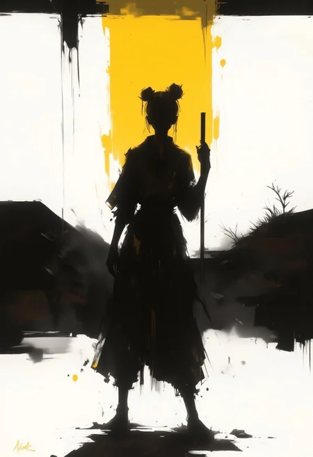 aidmaimageupgrader, monki, hill, back view stave, shadow, silhouette, black and white, monochrome, yellow accents, dramatic lighting, atmospheric, foggy background, japanese culture, minimalist, moody, contrast, sunset glow, isolated figure, reflective pose,pscho_4rt