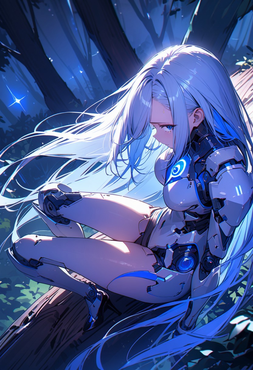 ((masterpiece), (best quality), (ultra-detailed), 
illustration, 3DMM,
1woman, deep blue eyes, blue hair , very long hair, forehead, shirt, necktie, black footwear, high heels, sitting, looking at viewer, trees, sitting on log, night sky, stars, forest, futuristic,  hand prosthesis, scifi , lrg prosthesis, glossy, armor, cyborg,  perfect body, silver and blue glow,  sharp focus, mechanical joints, face focus, tears, crying,breeze, hair fluttering in the wind,From side-above, looking up,
 ,blue neon, prostheses, cyber prostheses,sits high above the ground, from side-up, head on profile, one leg raised at 45 degrees, head thrown back, lean on hands, tilted back )