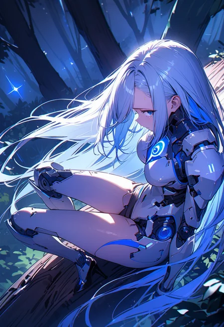((masterpiece), (best quality), (ultra-detailed),
illustration, 3DMM,
1woman, deep blue eyes, blue hair , very long hair, forehead, shirt, necktie, black footwear, high heels, sitting, looking at viewer, trees, sitting on log, night sky, stars, forest, futuristic, hand prosthesis, scifi , lrg prosthesis, glossy, armor, cyborg, perfect body, silver and blue glow, sharp focus, mechanical joints, face focus, tears, crying,breeze, hair fluttering in the wind,From side-above, looking up,
,blue neon, prostheses, cyber prostheses,sits high above the ground, from side-up, head on profile, one leg raised at 45 degrees, head thrown back, lean on hands, tilted back )