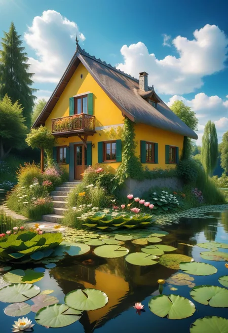 dynamic angle, close-up of a small house by the lake, beautiful sunny summer day, water lilies in the lake blooming, lush plants, sunlight shining through the white clouds, bold colors, fairy tale, fantasy,wind,classic, (detailed light),feather, nature, (sunlight),beautiful and delicate water,(bloom),(shine), high resolution, high contrast ratio, high detail, high texture, texture surreal high quality figure, ultra high quality, golden ratio,Magic Forest<lora:xl_more_art-full_v1:0.3>