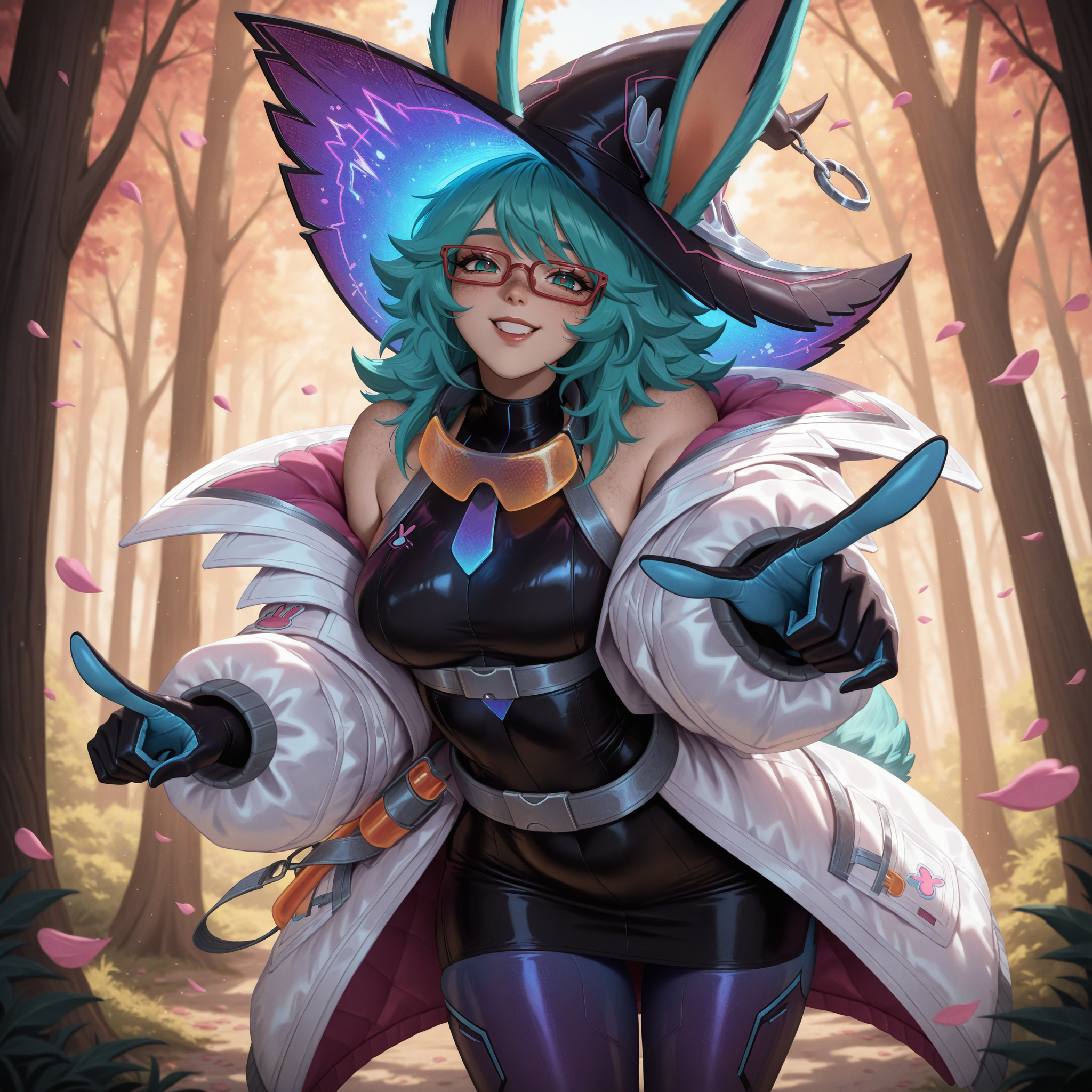 masterpiece, best quality, newest, absurdres, highres, battlebunnyaurora, 1girl, white jacket, open jacket, rabbit tail, witch hat, medium hair, rabbit ears, freckles, red-framed eyewear, green hair, green eyes, off shoulder, multicolored gloves, purple pantyhose, belt, black dress, collar, looking at viewer, cowboy shot, pointing at viewer, smile, forest, falling petals, <lora:BattleBunnyAurora:1>