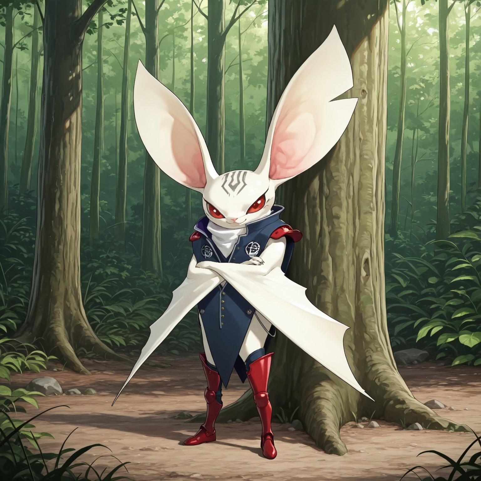 2d, 1boy, solo, Heismay, male, creature, bat, furry, furry male, plantigrade, white body, white fur, big ears, red sclera, red eyes, claws, arm wings, pink nose, head markings, three fingers, navy blue poncho, white cloth collar, buttons, red shoulder guards, bottomless, red leg armor, red thigh armor, red footwear

BREAK outside, forest, standing, looking at viewer, leaning against tree, smile, arms crossed, calm

BREAK best quality, amazing quality, very aesthetic, absurdres, newest, masterpiece, high quality