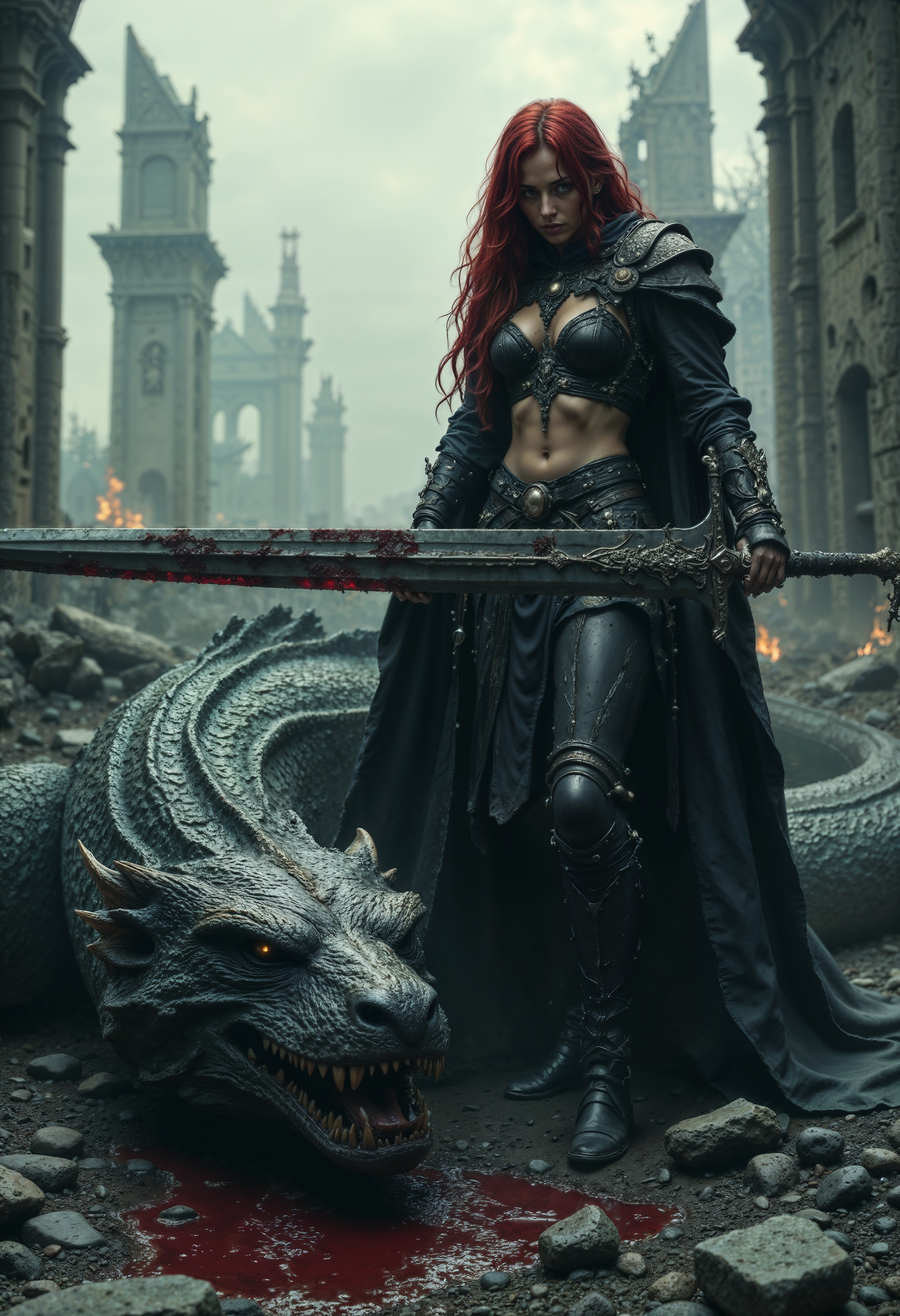 R3alisticF, A fierce, battle-hardened female warrior standing victorious beside the lifeless body of a massive dragon. The warrior, with long red hair and wearing dark, gothic outfit that reveals her midriff and thighs, exudes a powerful presence. Her outfit is intricate, featuring metal accents, leather straps, and a cape that flows down her back, emphasizing her warrior status. She holds a massive, blood-stained sword planted firmly into the ground, symbolizing her triumph. Blood from the dragon stains the earth around them, and the creature's head lies low, its mouth open and fangs bared, as if defeated in a fierce battle. In the background, a desolate, smoky landscape with tall, ruined arches and faint flames hints at destruction, adding a post-battle atmosphere. The overall color palette is dark and muted, with shades of gray, black, and red dominating the scene. The image conveys themes of strength, victory, and resilience, with the warrior embodying a relentless, almost mythical, heroism against the dragon.  <lora:FluxMythR3alisticF:1>