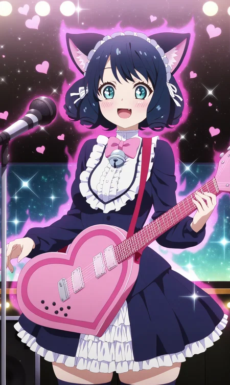 masterpiece, best quality, curvy, beautiful eyes, zzcyanhijirikawa, 1girl, solo, looking_at_viewer, animal_ears, cat_ears, striped_clothes, frills, bowtie, guitar, playing_instrument, heart, smile, cat_girl, solo, bell, jingle_bell, instrument, upper_body, pink_aura, open_mouth, fang, microphone, black_hair, bow, zettai_ryouiki, curly_hair, hairband, blush, jingle_bell, short_hair, music, anime_coloring, sparkle, outdoors, portrait, star_(symbol), fashion,