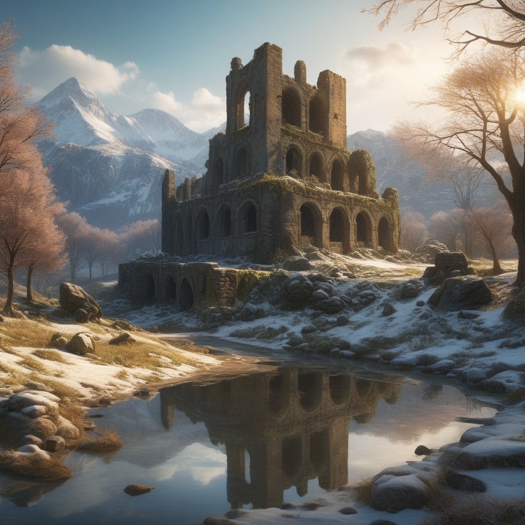 (ruins, broken, snow, dappled sunlight:1.2), sun, tree, forest, scenery, rock, reflection, ancient, overgrown, farmlands, sunset, clouds, mountainous horizon, fantasy, medieval, spring, thaw, (masterpiece, exceptional, best aesthetic, best quality, masterpiece, extremely detailed:1.2), in the style of umempart
 (8k uhd:1,4)