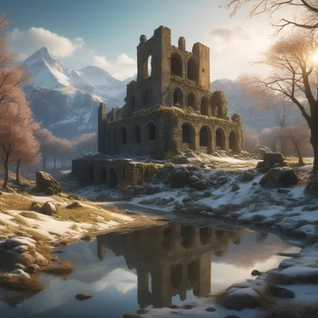 (ruins, broken, snow, dappled sunlight:1.2), sun, tree, forest, scenery, rock, reflection, ancient, overgrown, farmlands, sunset, clouds, mountainous horizon, fantasy, medieval, spring, thaw, (masterpiece, exceptional, best aesthetic, best quality, masterpiece, extremely detailed:1.2), in the style of umempart
(8k uhd:1,4)
