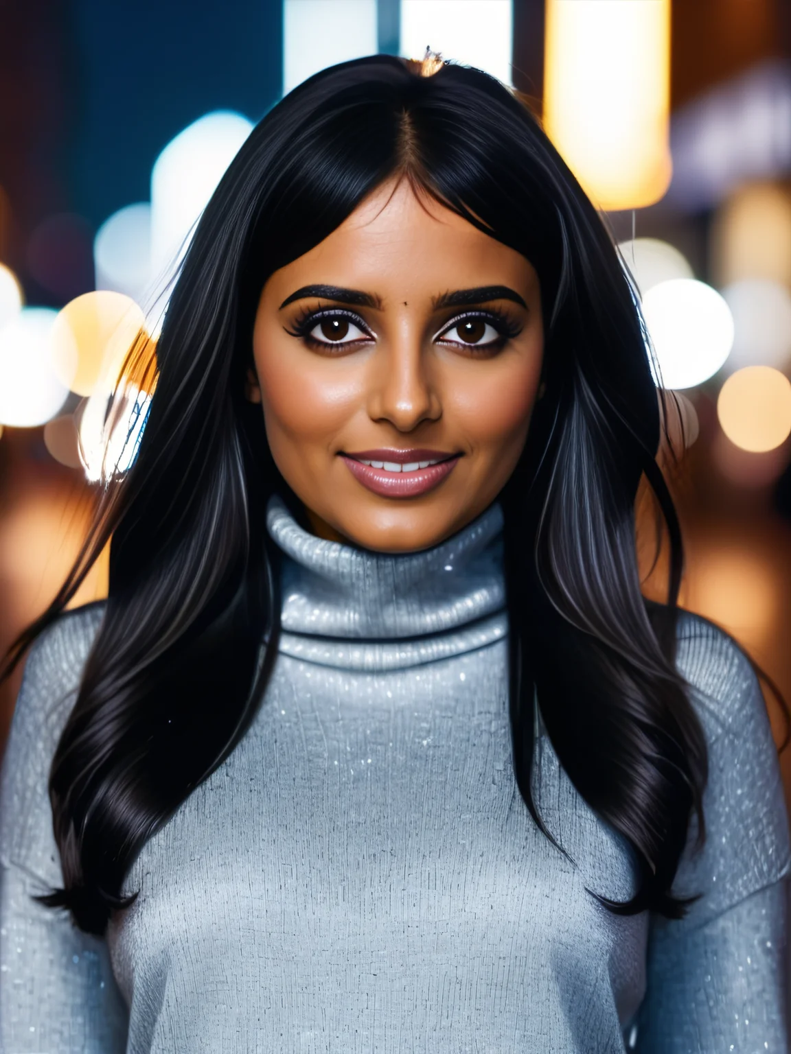 a photo of a pretty 30-year-old woman, desiespresso, professional portrait photo,high neck Silver turtleneck sweater, flowing black hair and bangs, smiling, soft lighting, solo, night time, city bokeh lights <lora:Desi_Coffee_V30_SDXL_LoRA:1>