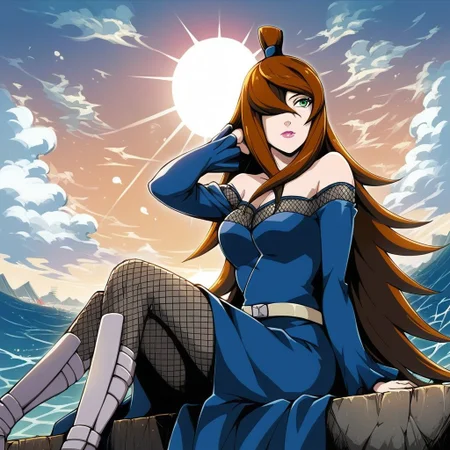 score_9,score_8,score_7,score_6,score_5,source_anime,Mei Terumi,brown hair,long hair,hair over one eye,green eyes,lipstick,blue dress,bare shoulders,belt,black skirt,fishnet pantyhose,sandals,medium shot,1girl, solo, sitting,cloud,water,arm up,ocean,looking up, sunset,sun,lighthouse