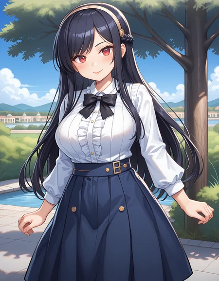 score_9, score_8_up, score_7_up, source_anime, <lora:add-detail-xl:1>, good anatomy, masterpiece, amazing quality, ultra detailed, good hand
BREAK <lora:takatsuki-taeko Yuunagi-sou no S-kyuu no Kanojo-tachi2 (MOONSTONE Cherry):0.6> takatsuki-taeko, black hair, long hair, hair braid, hairband, white hairband, hairpins, silver hairpins, red eyes, large breasts,
BREAK outfit02, blouse, white blouse, frilled blouse, half sleeves, bowtie, black bowtie, skirt, dark blue skirt, skirt buttons, long skirt,
BREAK 1girl, posing, in park,