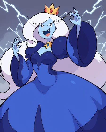 score_9, score_8_up, 1girl, solo, Ice Queen, blue skin, white eyes, white hair, long hair, crown, fang, laughing, wide hips, dynamic pose, lightning magic, looking at viewer, blue dress, long dress, long sleeves, cowboy shot, dynamic angle, detailed background, outdoors, snow, <lora:IceQueen_PDXL:0.7>