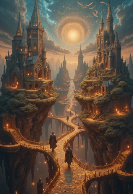 Each island represents a chess piece, with intricate gothic castles, lush gardens, and imposing fortresses rising from their surfaces. The islands float in a radiant twilight sky, connected by shimmering golden bridges. Players, giants clad in celestial armor, move the pieces, each step shaking the islands and scattering flocks of glowing birds.