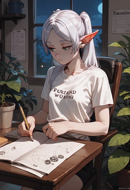 score_9, score_8_up, score_7_up, score_6_up, Frieren, elf ears, sexy, small breasts, t-shirt, working, writing, exhausted, night, plants, table, chair