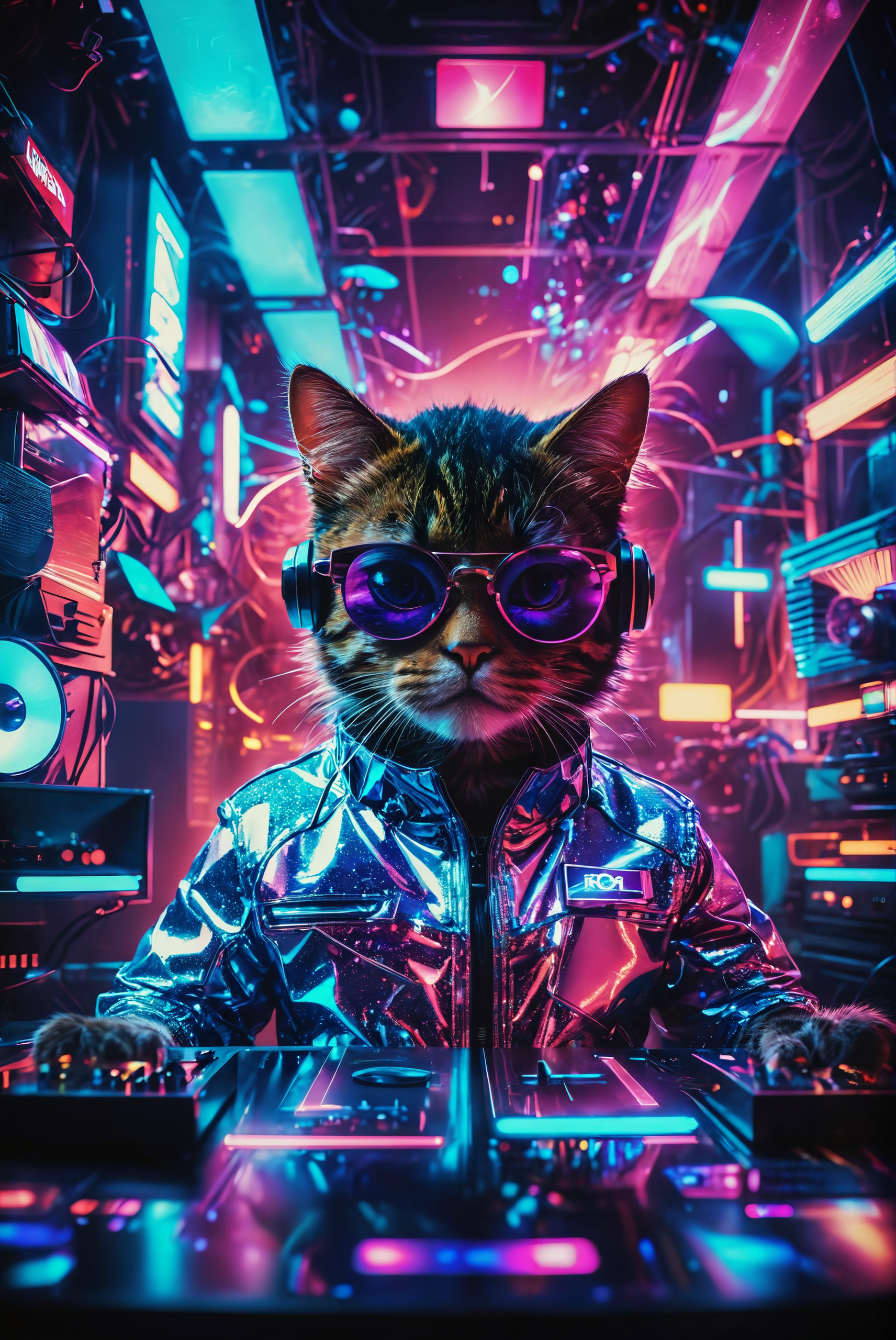 distorted perspective. a abstract vibrant scene featuring a Synthwave DJ cat. This cool cat is sporting futuristic display glasses and headphones, working contentedly at a mixing console in a lively disco. The background is illuminated with colorful disco lights, casting dynamic reflections around the room. The cat is dressed in a stylish 80s jacket, adding a touch of retro flair to the futuristic atmosphere. The scene should capture the energetic and nostalgic essence of the Synthwave genre, blending futuristic and retro elements seamlessly.  the entire image is bathed in a neon glow, featuring bold shades of blue, purple, and pink.
, photography, Natural geographic photo, Hyper-realistic, 16k resolution, (masterpiece, award winning artwork), many details, extreme detailed, full of details, Wide range of colors, high Dynamic,
<lora:add-detail-xl:2> <lora:MJ52:0.5> <lora:SDXLFaeTastic2400:0.8> Faetastic,  <lora:CBS_novuschroma37 style_b:0.5> novuschroma37 style, style of experimental photography, style of holga photography, light leaks, double exposure