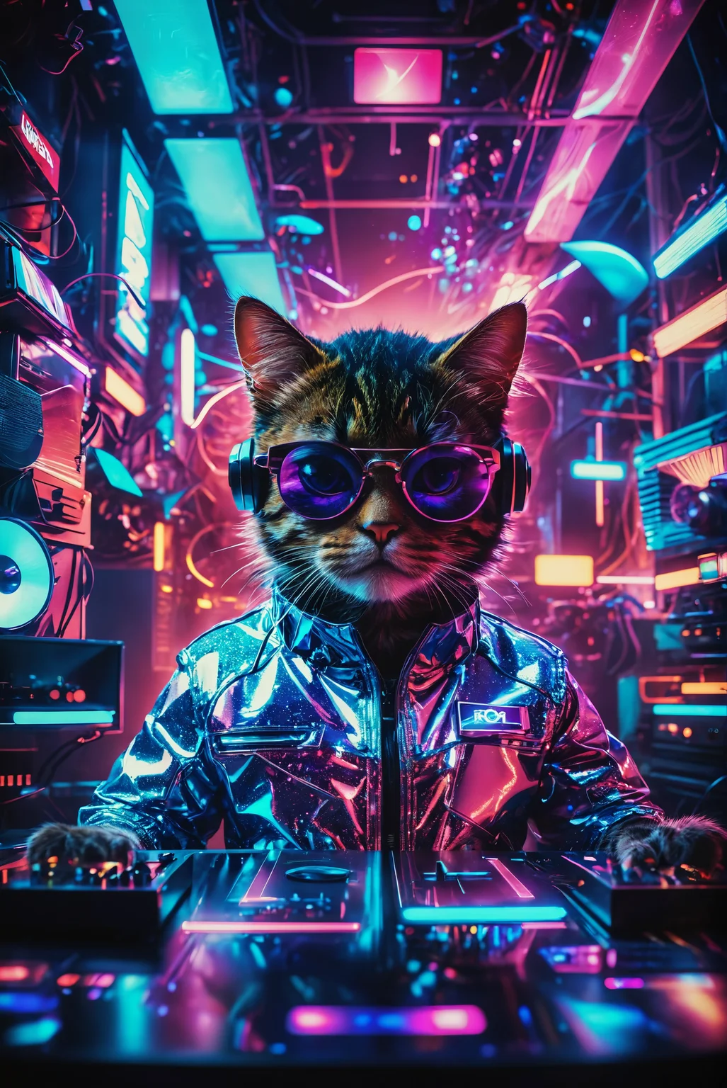 distorted perspective. a abstract vibrant scene featuring a Synthwave DJ cat. This cool cat is sporting futuristic display glasses and headphones, working contentedly at a mixing console in a lively disco. The background is illuminated with colorful disco lights, casting dynamic reflections around the room. The cat is dressed in a stylish 80s jacket, adding a touch of retro flair to the futuristic atmosphere. The scene should capture the energetic and nostalgic essence of the Synthwave genre, blending futuristic and retro elements seamlessly. the entire image is bathed in a neon glow, featuring bold shades of blue, purple, and pink.
, photography, Natural geographic photo, Hyper-realistic, 16k resolution, (masterpiece, award winning artwork), many details, extreme detailed, full of details, Wide range of colors, high Dynamic,
<lora:add-detail-xl:2> <lora:MJ52:0.5> <lora:SDXLFaeTastic2400:0.8> Faetastic, <lora:CBS_novuschroma37 style_b:0.5> novuschroma37 style, style of experimental photography, style of holga photography, light leaks, double exposure