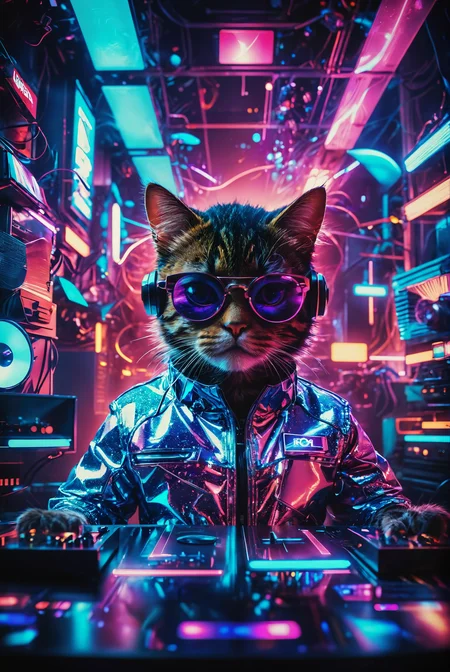 distorted perspective. a abstract vibrant scene featuring a Synthwave DJ cat. This cool cat is sporting futuristic display glasses and headphones, working contentedly at a mixing console in a lively disco. The background is illuminated with colorful disco lights, casting dynamic reflections around the room. The cat is dressed in a stylish 80s jacket, adding a touch of retro flair to the futuristic atmosphere. The scene should capture the energetic and nostalgic essence of the Synthwave genre, blending futuristic and retro elements seamlessly. the entire image is bathed in a neon glow, featuring bold shades of blue, purple, and pink.
, photography, Natural geographic photo, Hyper-realistic, 16k resolution, (masterpiece, award winning artwork), many details, extreme detailed, full of details, Wide range of colors, high Dynamic,
<lora:add-detail-xl:2> <lora:MJ52:0.5> <lora:SDXLFaeTastic2400:0.8> Faetastic, <lora:CBS_novuschroma37 style_b:0.5> novuschroma37 style, style of experimental photography, style of holga photography, light leaks, double exposure