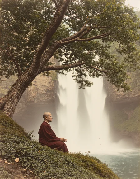 OldJapan style photo of a monk meditating under a tree in front of a waterfall