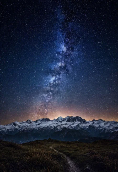 Alpine moutain range at distance under a protected Dark Sky. the bands of the milky way. Milky Way, Night sky