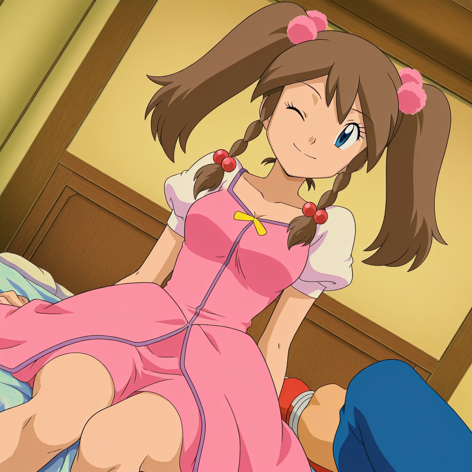 pokemon may, haruka, brown hair, twintails, braid, blue eyes, twin braids, hair ornament, hair bobbles, front view, solo, indoors, solo focus,medium breasts, dynamic angle, anime art style, anime coloring, Anime Screencap, dress, pink dress, posing, happy,  one eye closed, bedroom, sitting on bed, solo, 